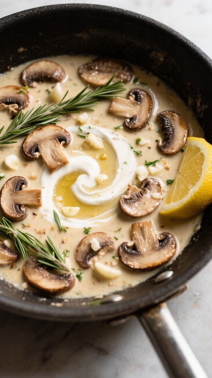 Sauce-building moment: Overhead shot of a creamy mushroom-garlic thyme sauce gently simmering in a s