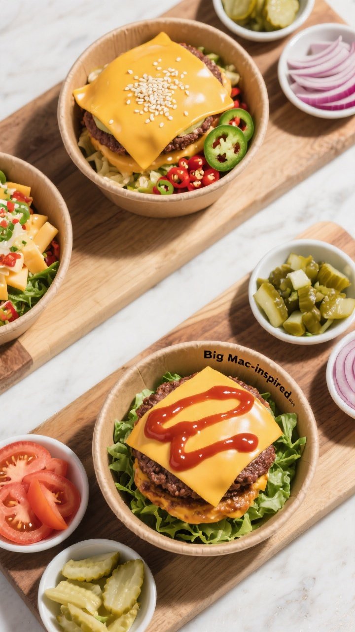 Tasty overhead assembly shot: of multiple build-your-own bowls showcasing variety—one classic with