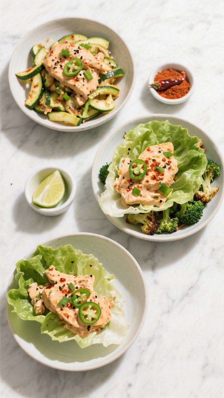 Tasty overhead bowl trio: Top-down shot of three variations of the finished dish—over sautéed zuc