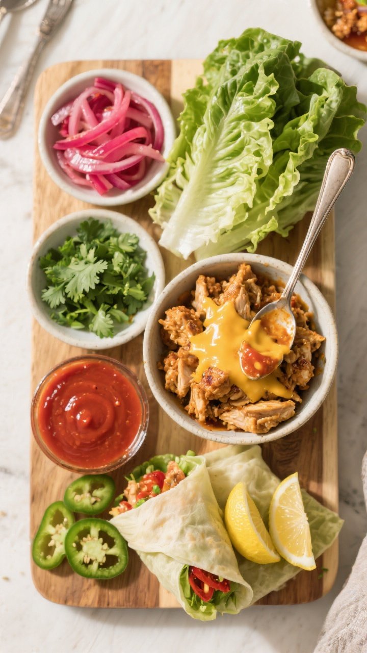 Tasty overhead spread: of a build-your-own lettuce wrap board—warm crack chicken filling in a shal