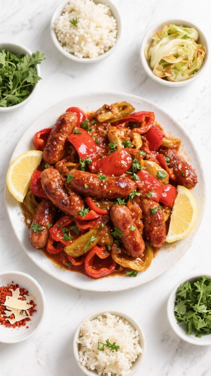 Tasty overhead spread: Top-down shot of a family-style platter piled with the finished smoky sausage