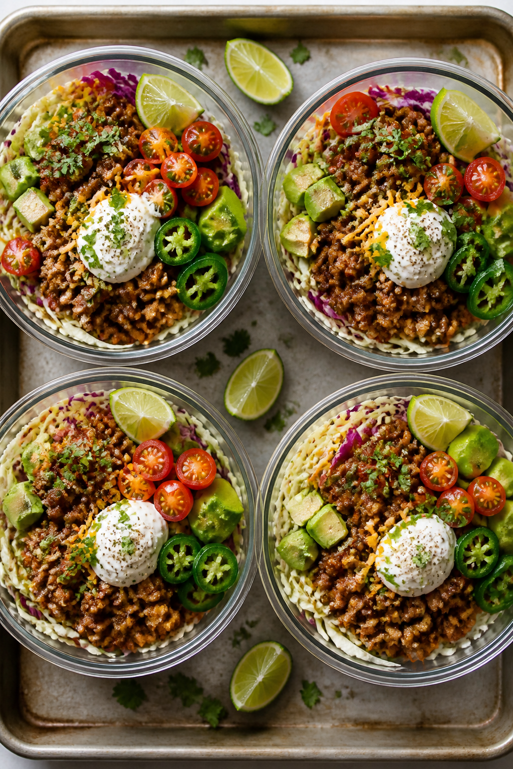 Tasty top-down meal prep/assembly: Overhead shot of multiple assembled keto taco bowls ready for the
