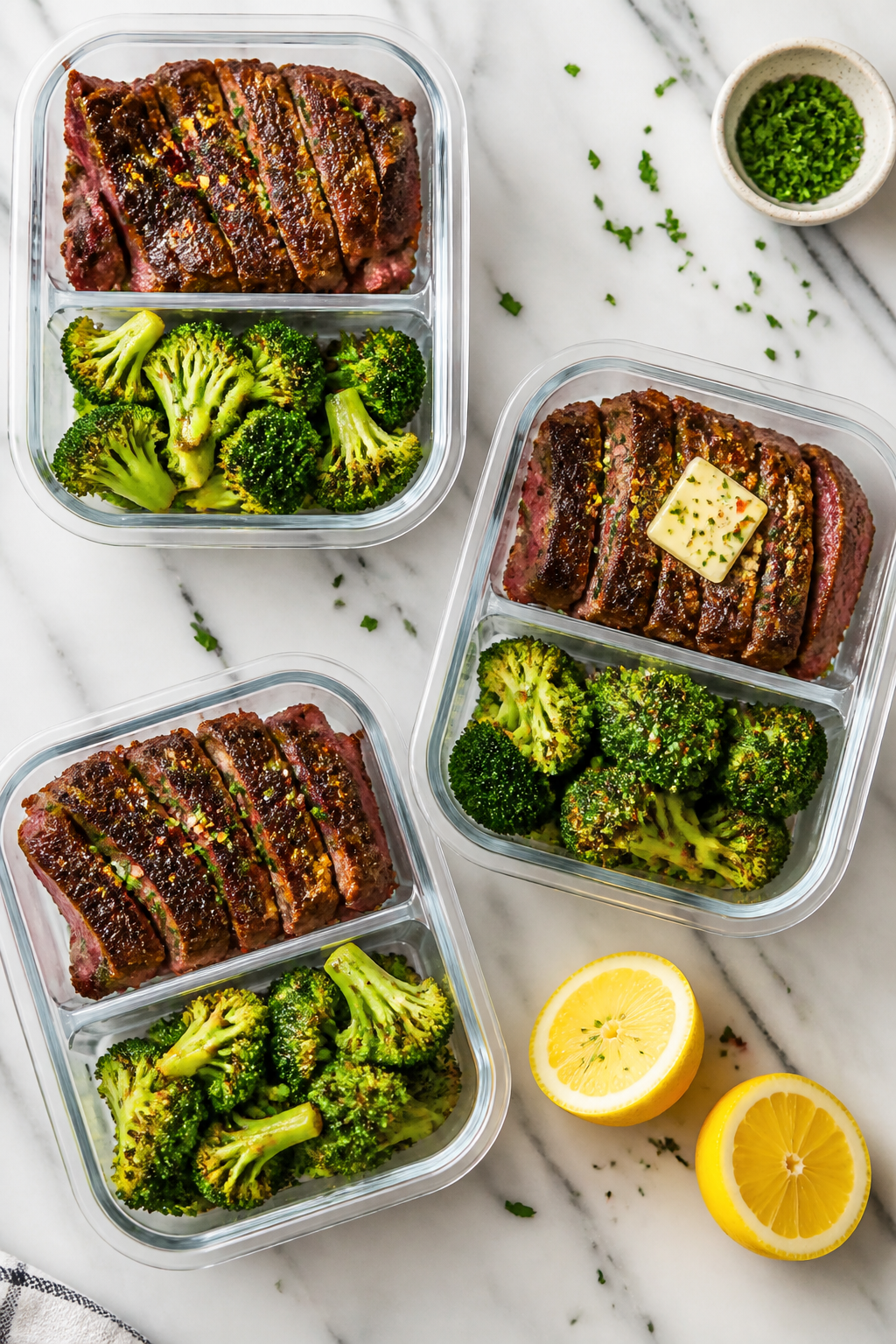 Tasty top-down meal prep: Overhead shot of three divided, microwave-safe meal prep containers filled