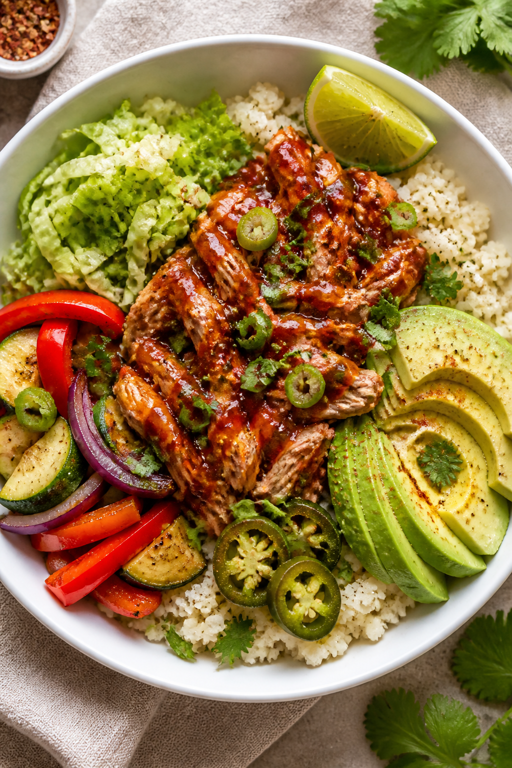 Tasty top view, assembly bowl: Overhead shot of a composed Keto BBQ Chicken Bowl on a matte white sh