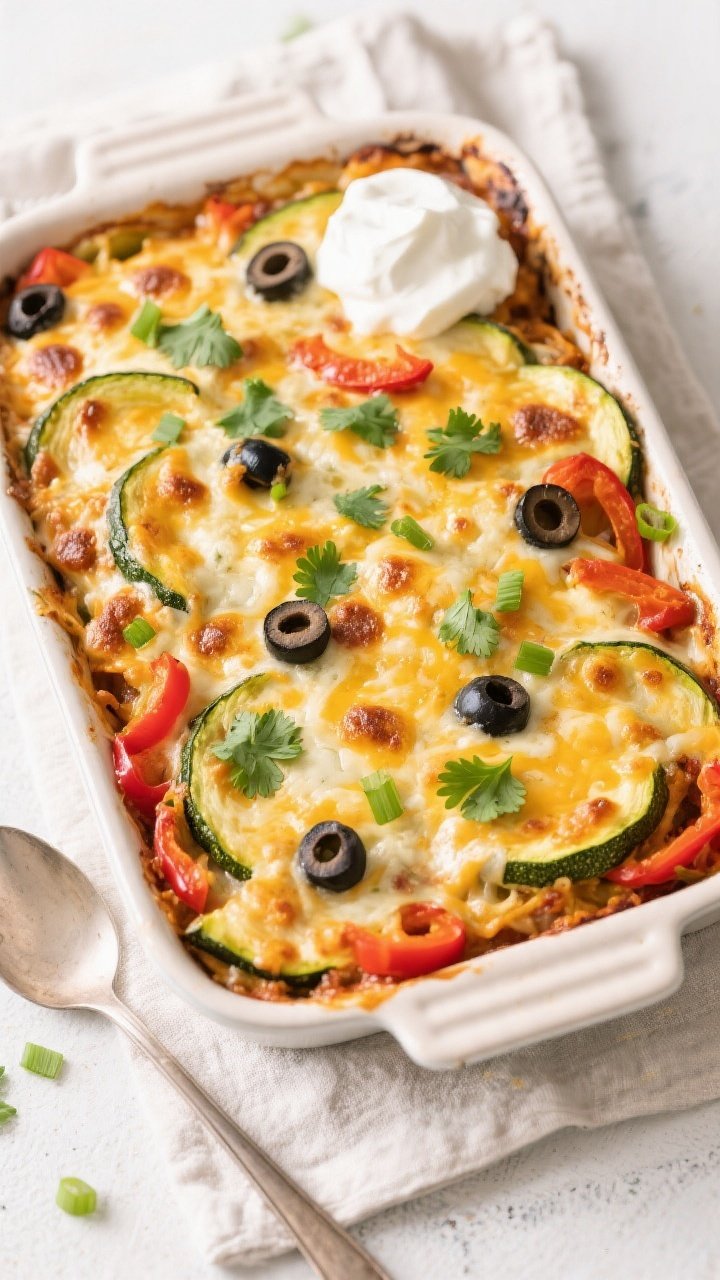 Tasty top view, casserole just baked: Overhead shot of the Keto Taco Zucchini Casserole in a 9x13 ba