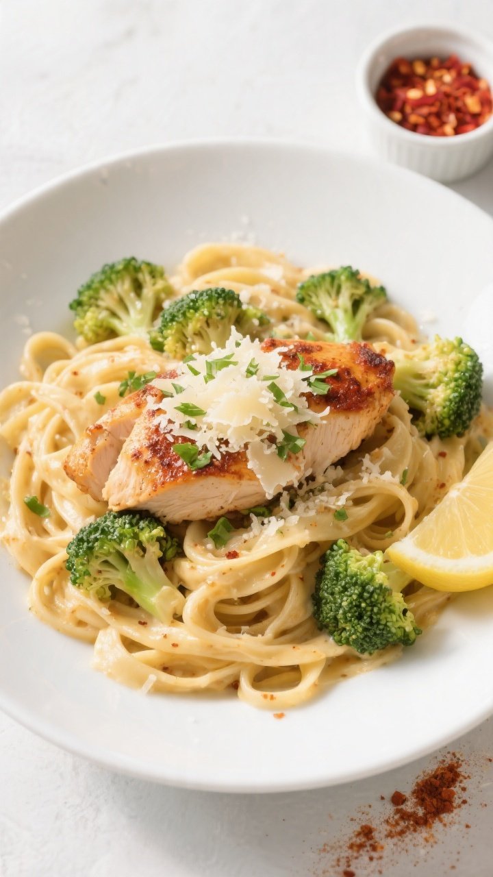Tasty top view (final dish): Overhead shot of Cajun Chicken & Broccoli Alfredo fully plated—twirle