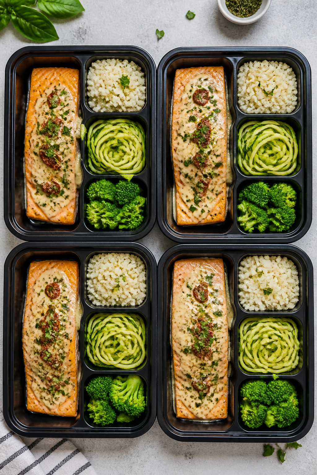 Tasty top view final meal prep: Overhead shot of four meal-prep containers neatly portioned—each w