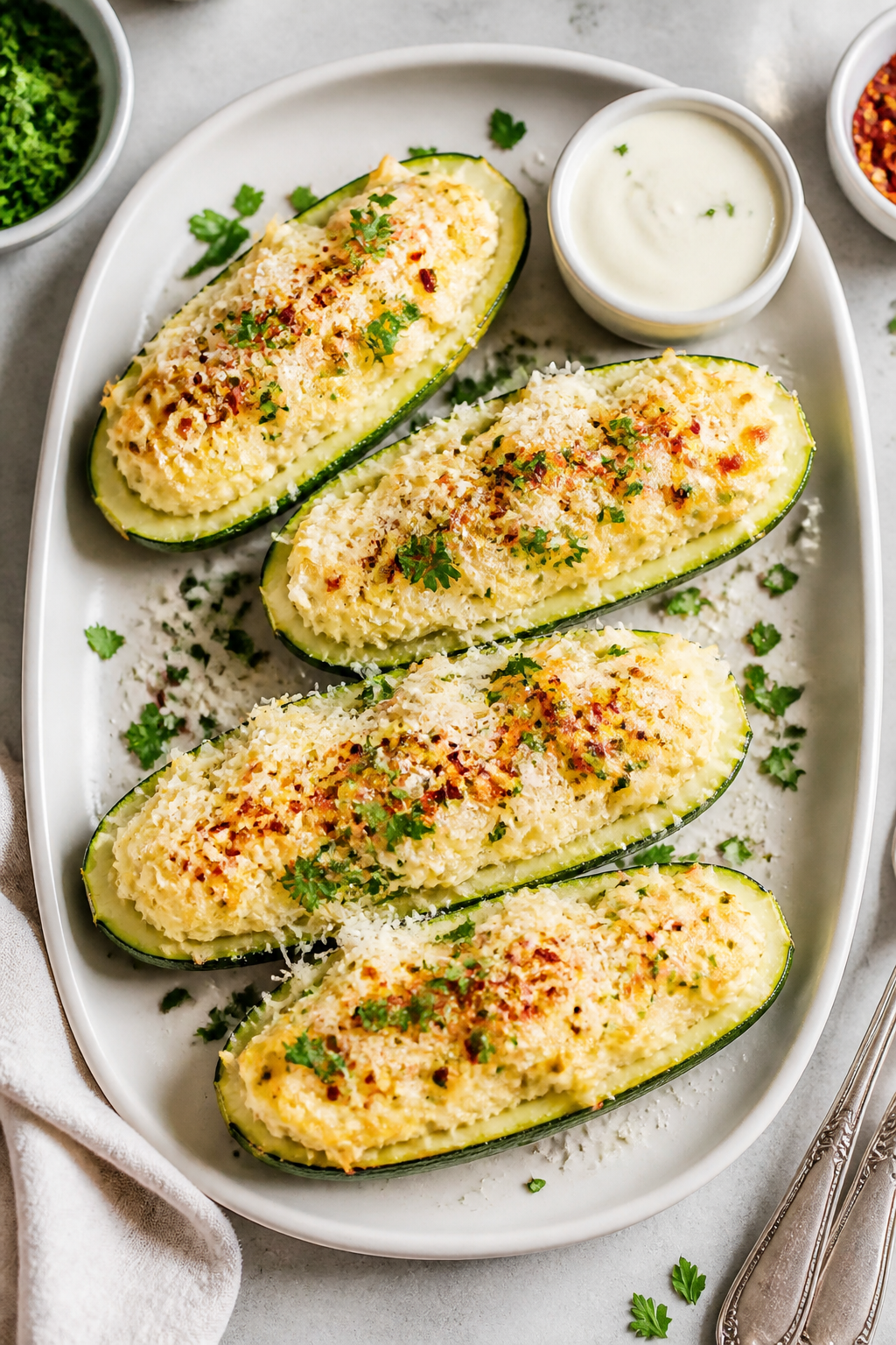 Tasty top view: Final plated Keto Chicken Alfredo Zucchini Bowls on a matte white ceramic platter, o