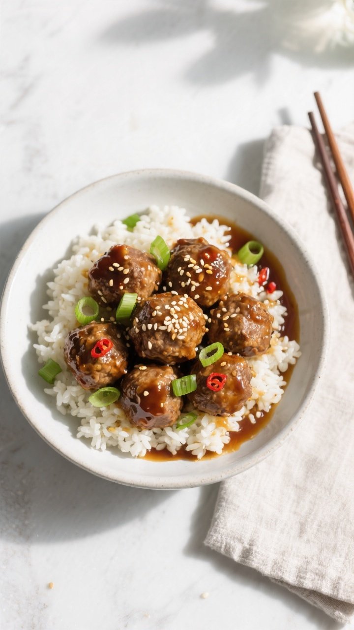 Tasty top view final presentation: Overhead shot of Keto Crockpot Honey Garlic Meatballs served as a