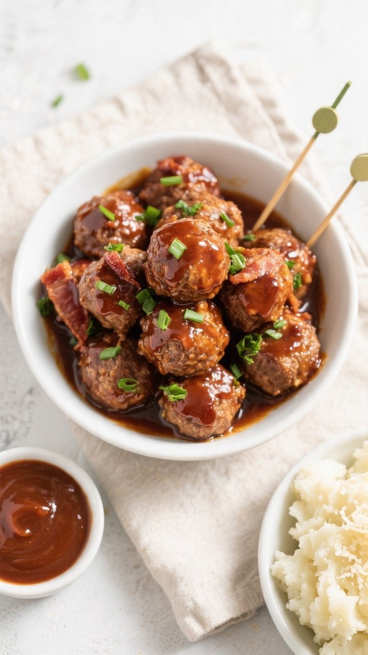 Tasty top view final presentation: Overhead shot of Keto Crockpot BBQ Bacon Meatballs arranged in a 
