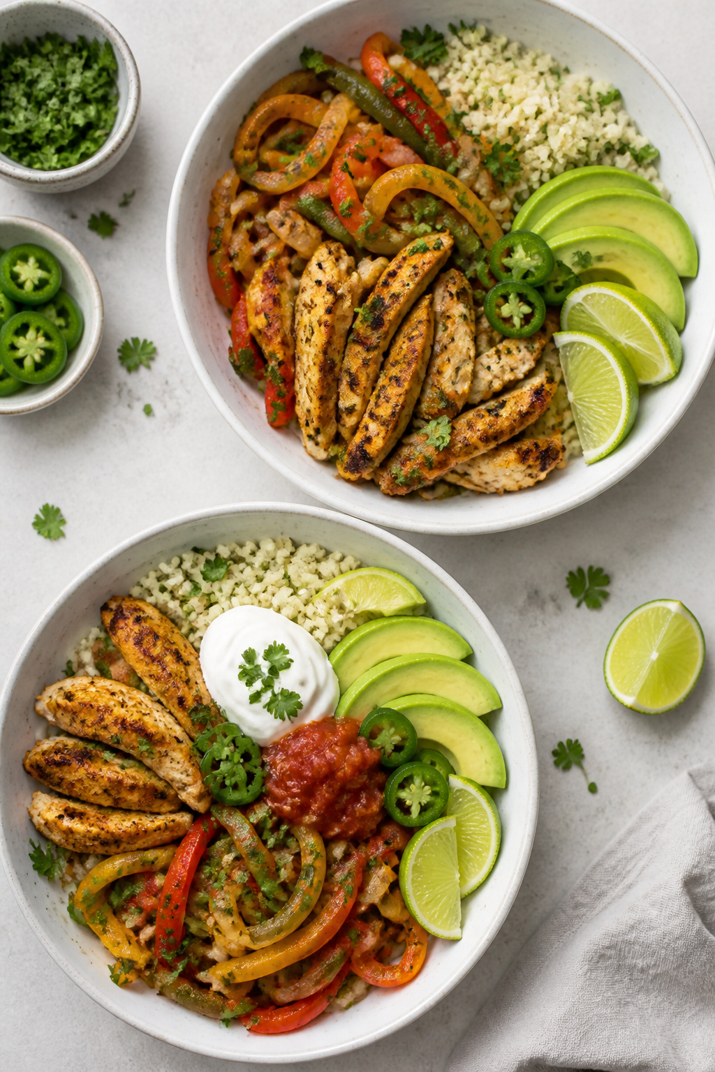 Tasty top view – Low Carb Chicken Fajita Bowls: Overhead shot of assembled bowls with a fluffy bas