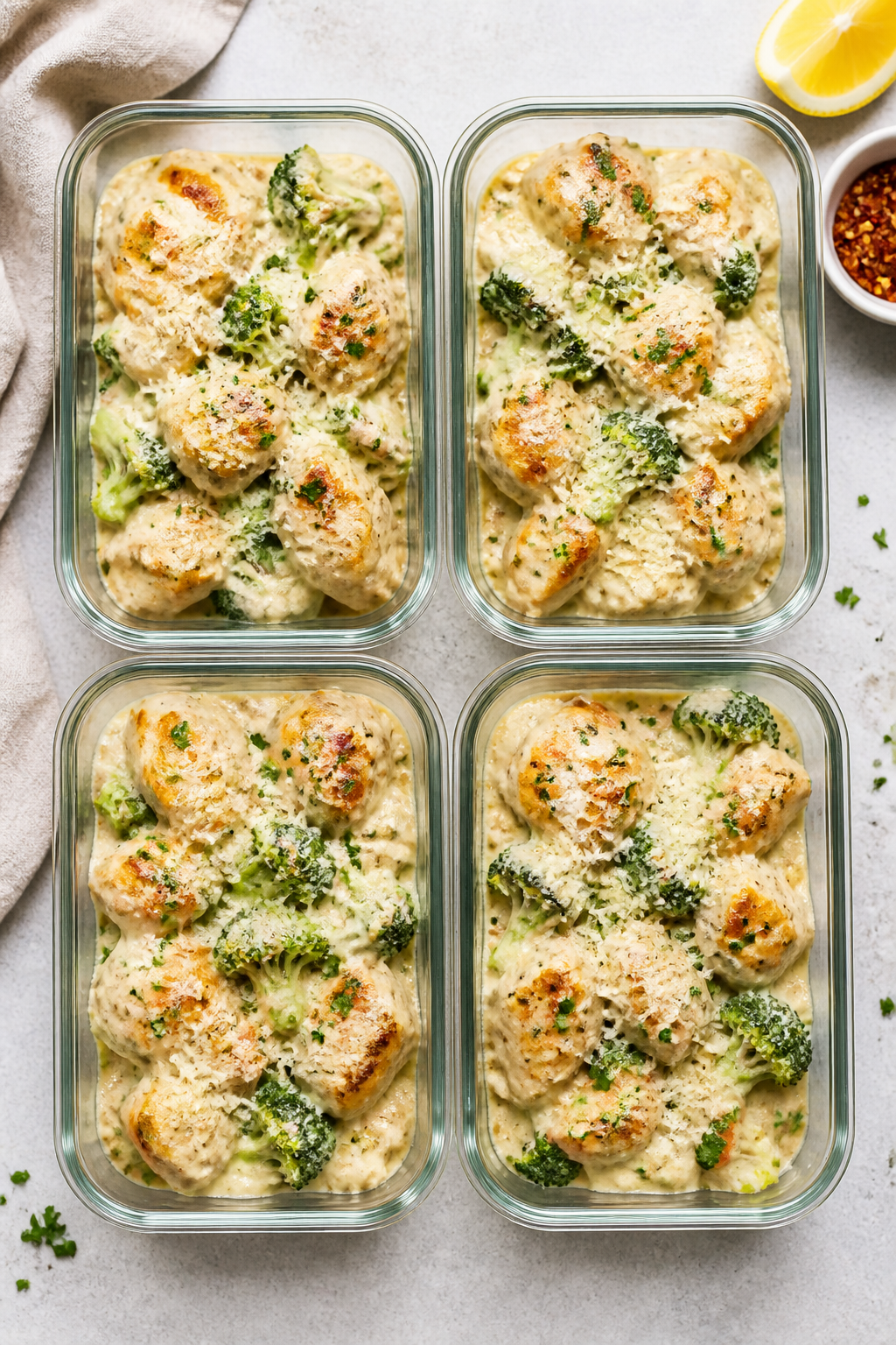 Tasty top view — Meal prep containers: Overhead shot of four neat glass meal prep containers fille