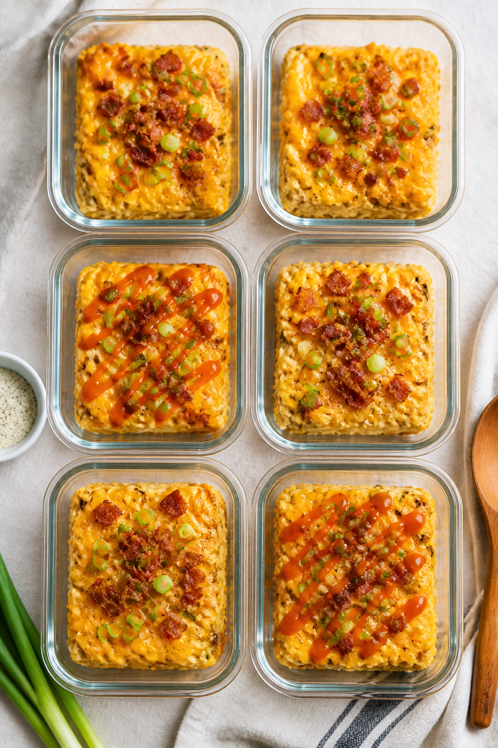 Tasty top view, meal prep focus: Overhead shot of the casserole portioned into 6–8 square servings