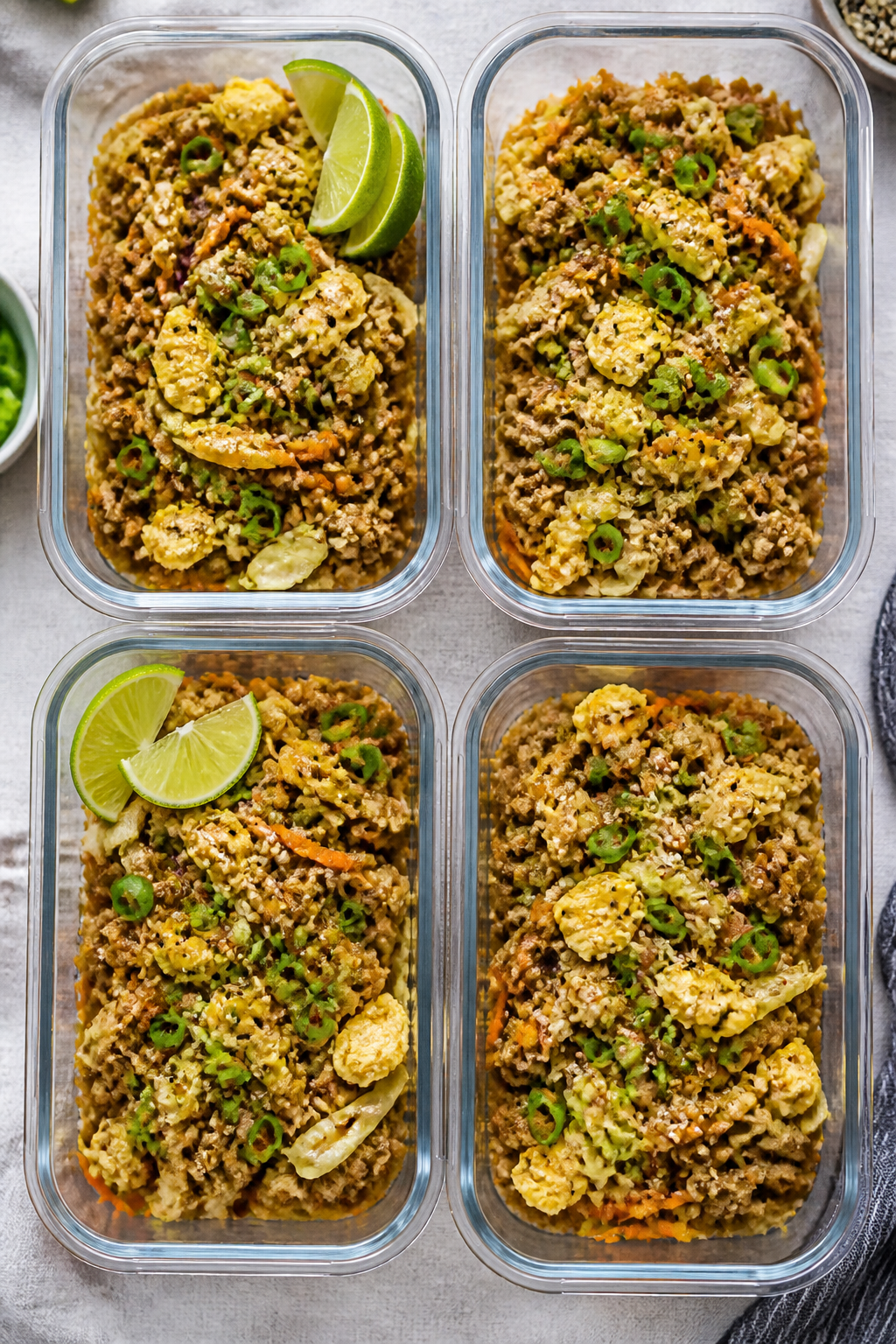 Tasty top view, meal prep focus: Overhead shot of four meal-prep containers filled with keto egg rol