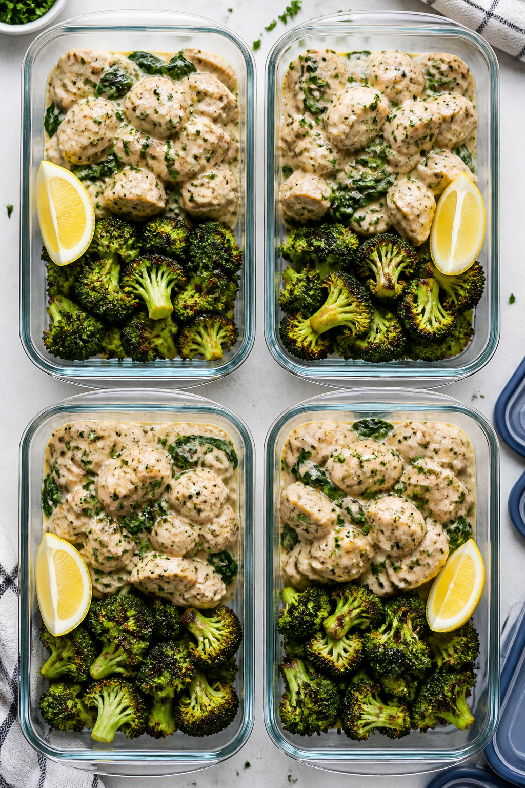 Tasty top view (meal prep focus): Overhead shot of four glass meal-prep containers neatly arranged,