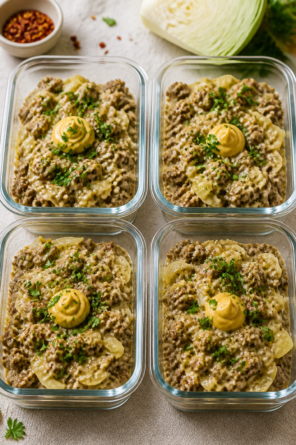 Tasty top view, meal prep focus: Overhead shot of four neatly portioned meal-prep containers filled 
