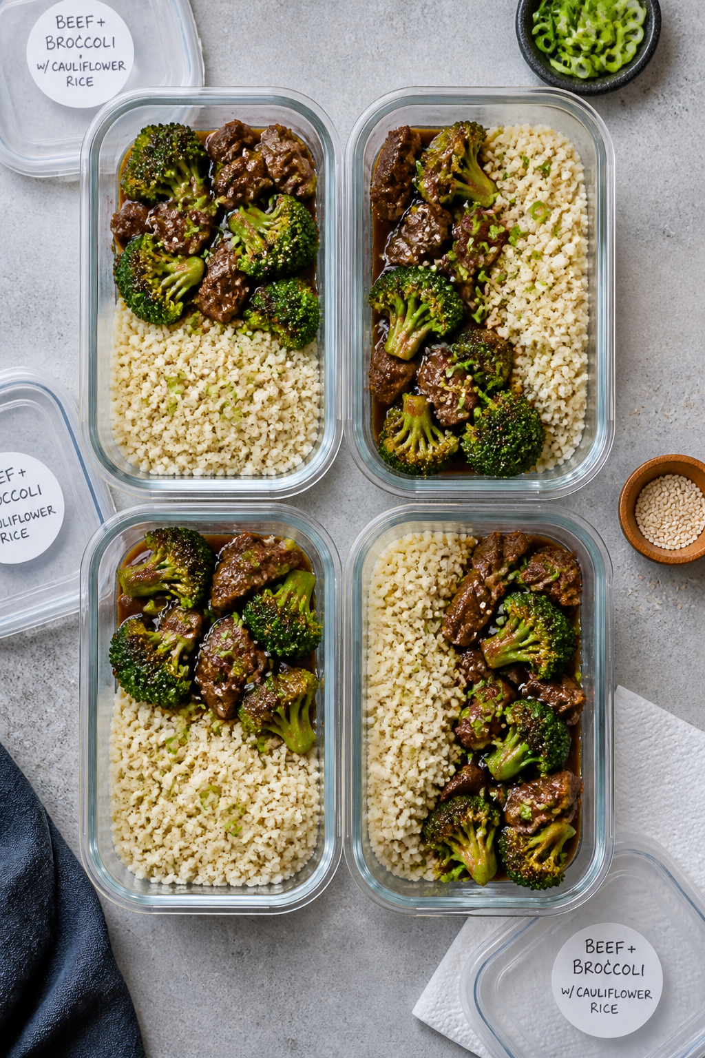 Tasty top view (meal prep focus): Overhead shot of four neatly arranged meal prep containers, each d
