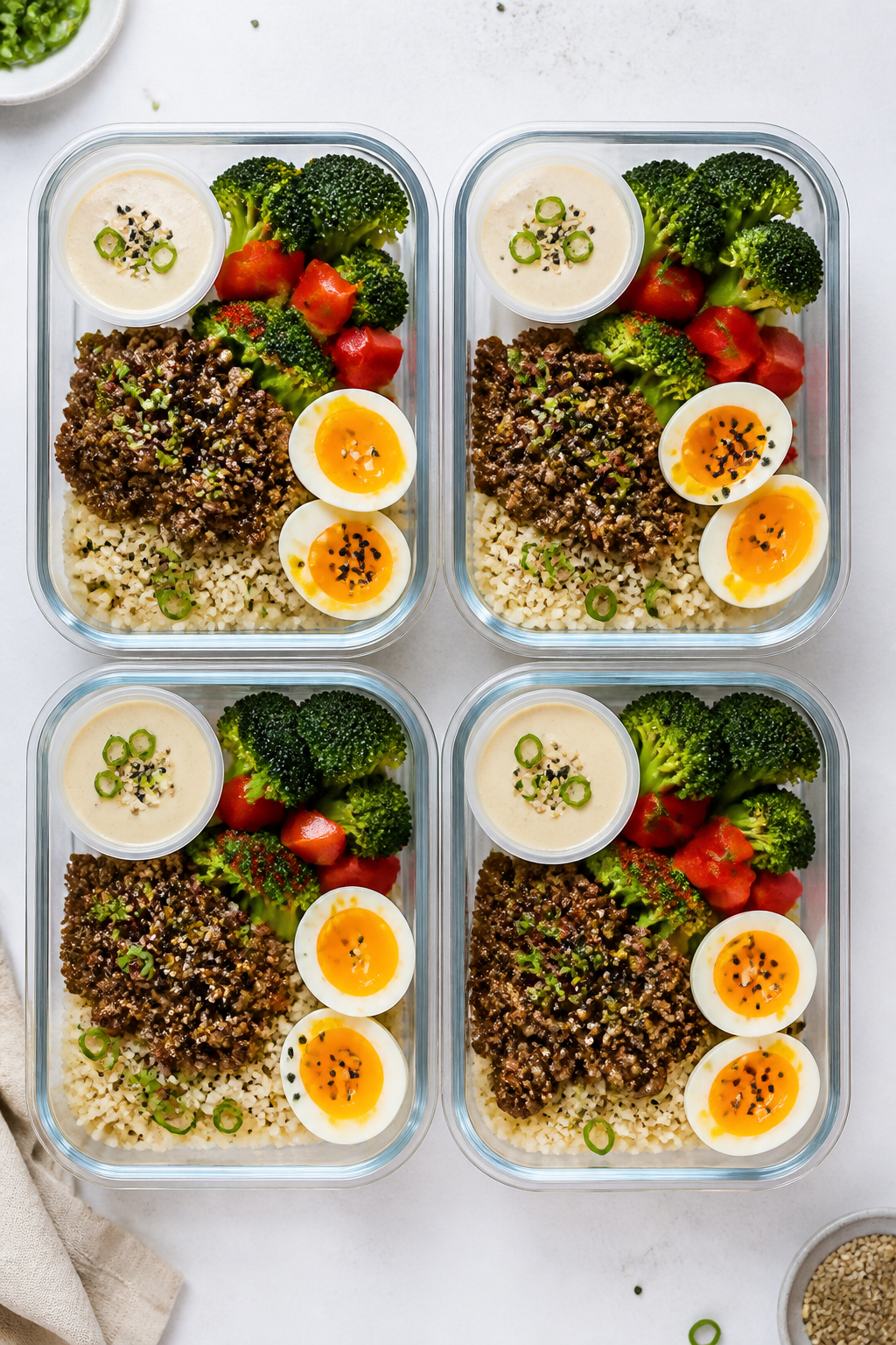 Tasty top view, meal prep lineup: Overhead shot of four neatly arranged meal prep containers filled 