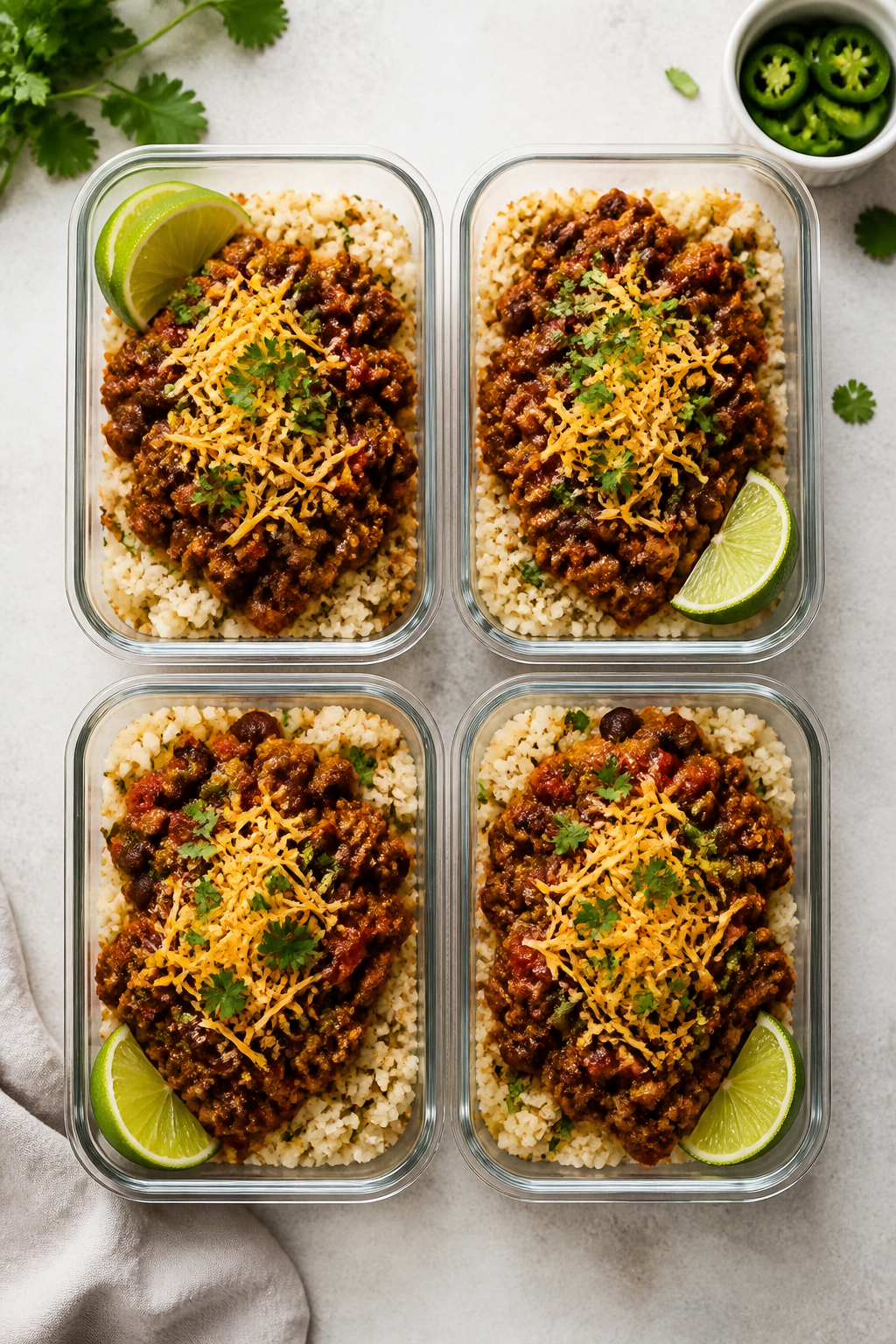 Tasty top view meal prep: Overhead shot of four neat glass meal-prep containers arranged on a light 