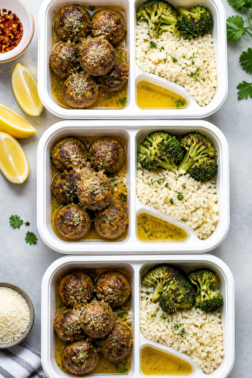 Tasty top view meal prep: Overhead shot of neatly arranged meal prep containers filled with keto gar