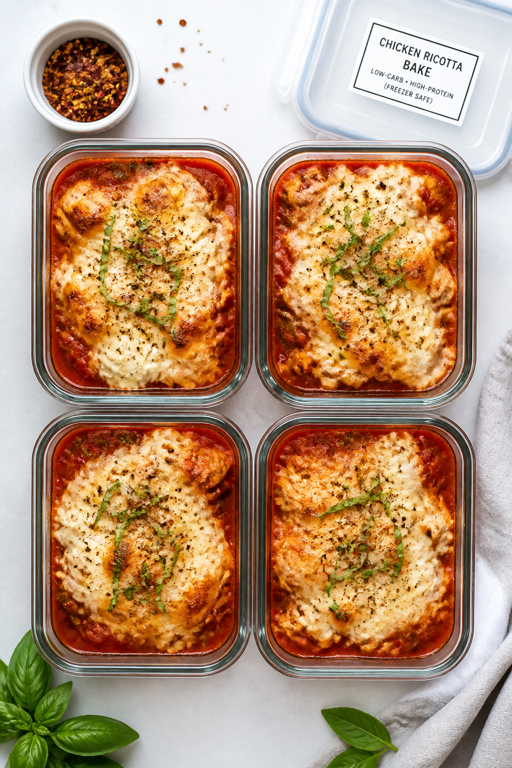 Tasty top view meal-prep presentation: Overhead shot of neatly portioned casserole in four airtight 