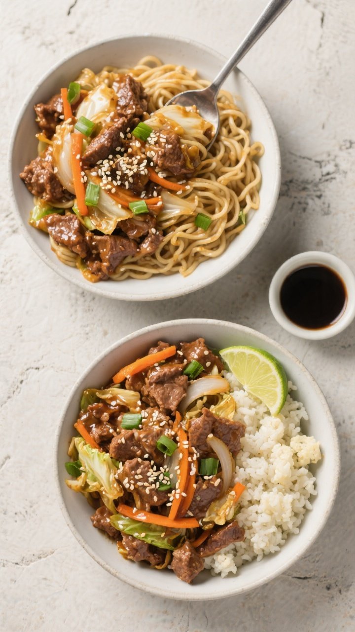 Tasty top view, meal-prep/serving variety: Overhead shot of stir fry spooned into two bowls—one ov