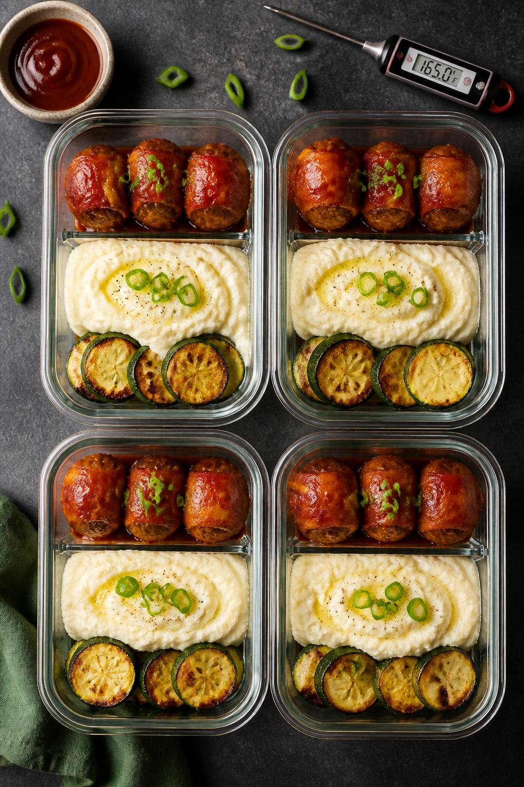 Tasty top view of a meal-prep spread: four compartmentalized glass containers each holding 3 bacon-w
