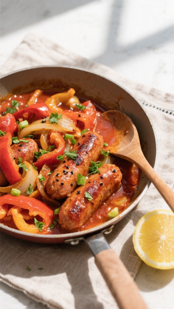 Tasty top view, one-pan final: Overhead shot of finished Cajun Sausage & Peppers in a wide skillet, 