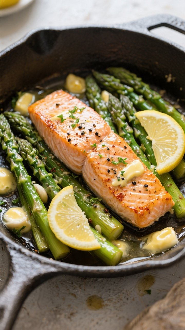 Tasty top view, one-pan finale: Overhead shot of the finished Garlic Herb Butter Salmon & Asparagus