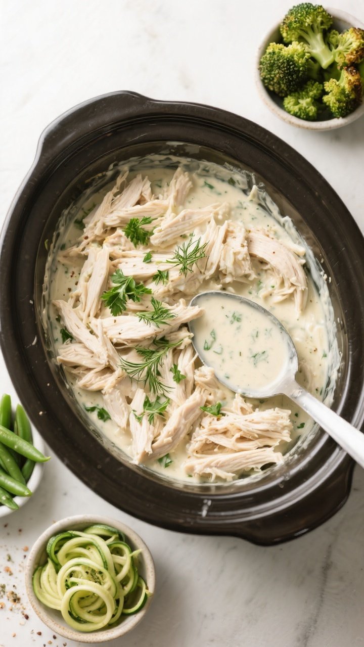 Tasty top view, overhead family-style: Overhead shot of shredded creamy ranch chicken in the slow co
