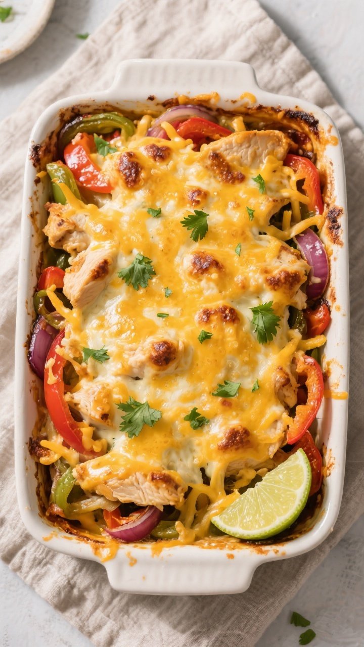 Tasty top view, overhead: Keto Chicken Fajita Bake after the final melt—golden, bubbly blanket of 