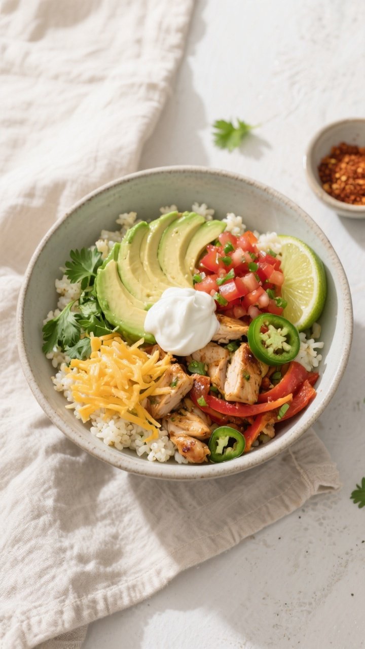 Tasty top view (overhead): Keto chicken fajita bowl arranged over cilantro-lime cauliflower rice, to