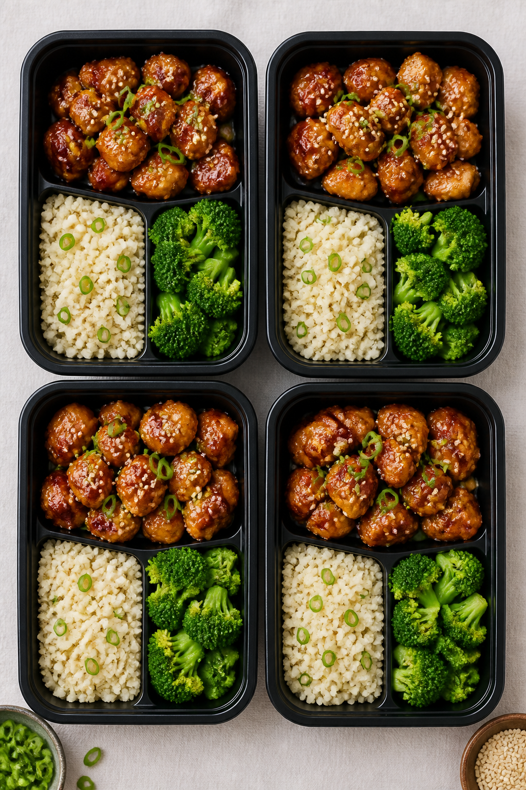 Tasty top view, overhead: Keto Honey Garlic Chicken meal prep containers arranged in a neat 2x2 grid