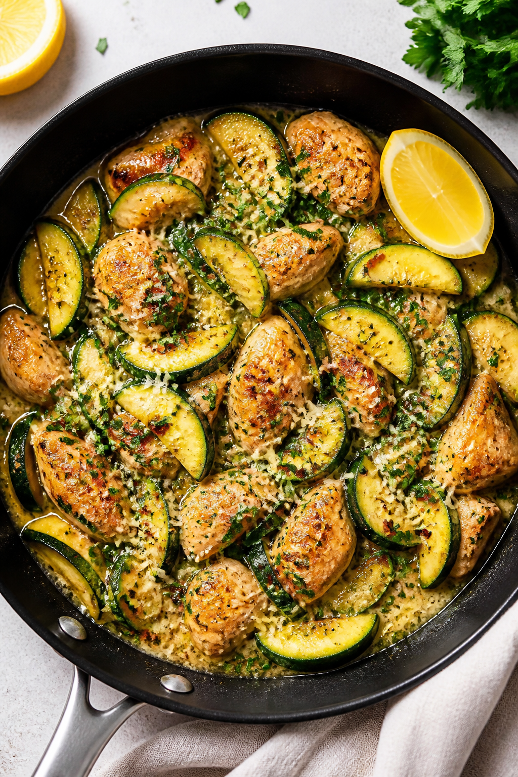 Tasty top view, overhead: Overhead shot of the finished keto chicken zucchini skillet in the pan, sh