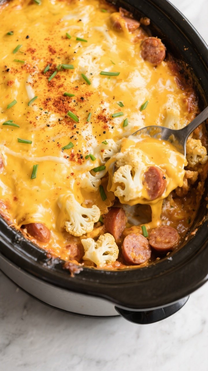 Tasty top view, overhead: Overhead shot of the finished cheesy sausage and cauliflower straight in t