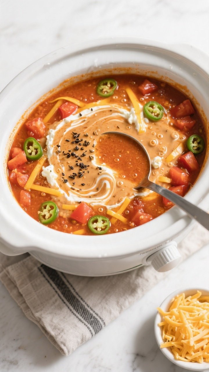 Tasty top view (overhead shot): Crockpot filled with creamy keto crack taco soup mid-melt stage—vi