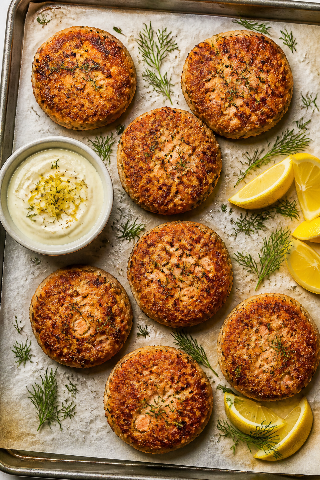 Tasty top view: Overhead shot of 6–8 evenly browned salmon patties on a parchment-lined sheet, sho