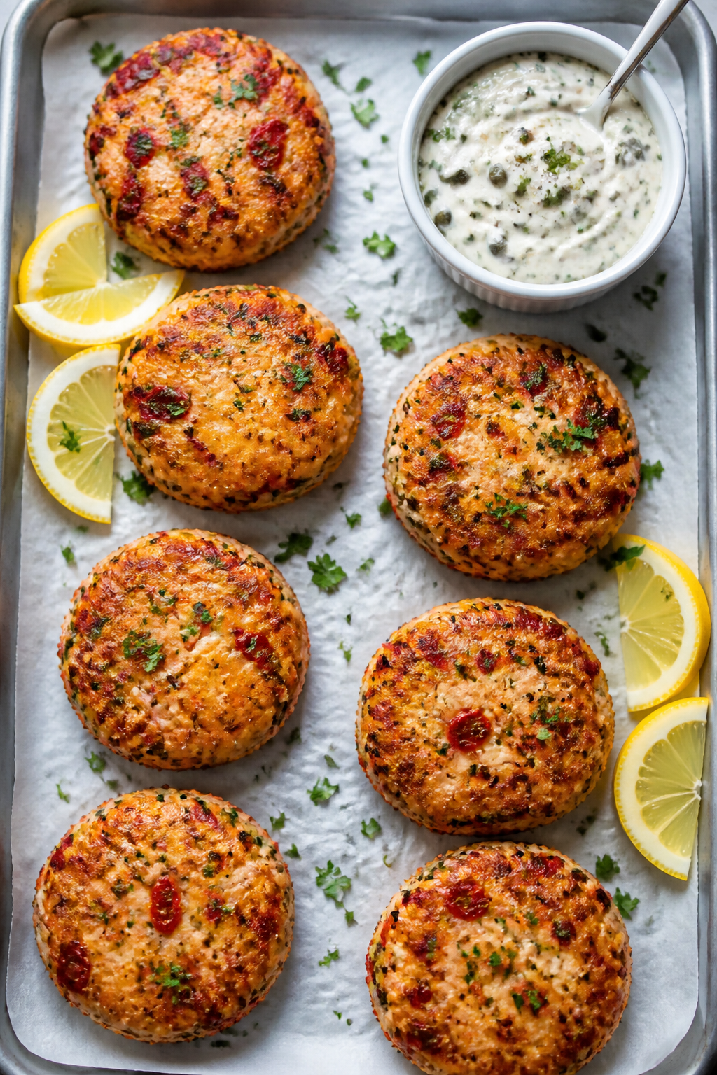 Tasty top view: Overhead shot of 6–8 keto salmon patties arranged in a neat grid on a parchment-li