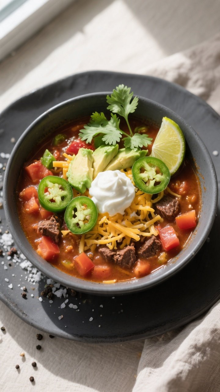 Tasty top view: Overhead shot of a bowl of Keto Crockpot Beef Taco Soup, richly colored with diced t
