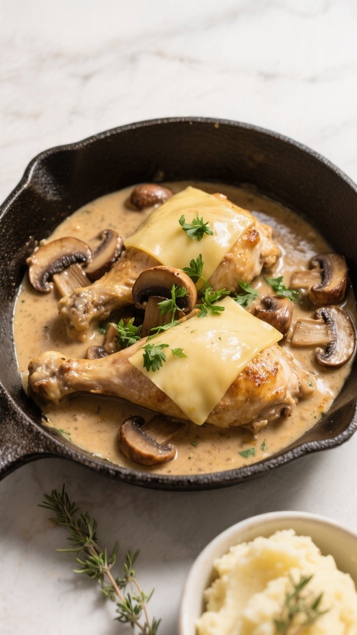 Tasty top view: Overhead shot of a cast-iron skillet filled with the finished dish—chicken re-nest