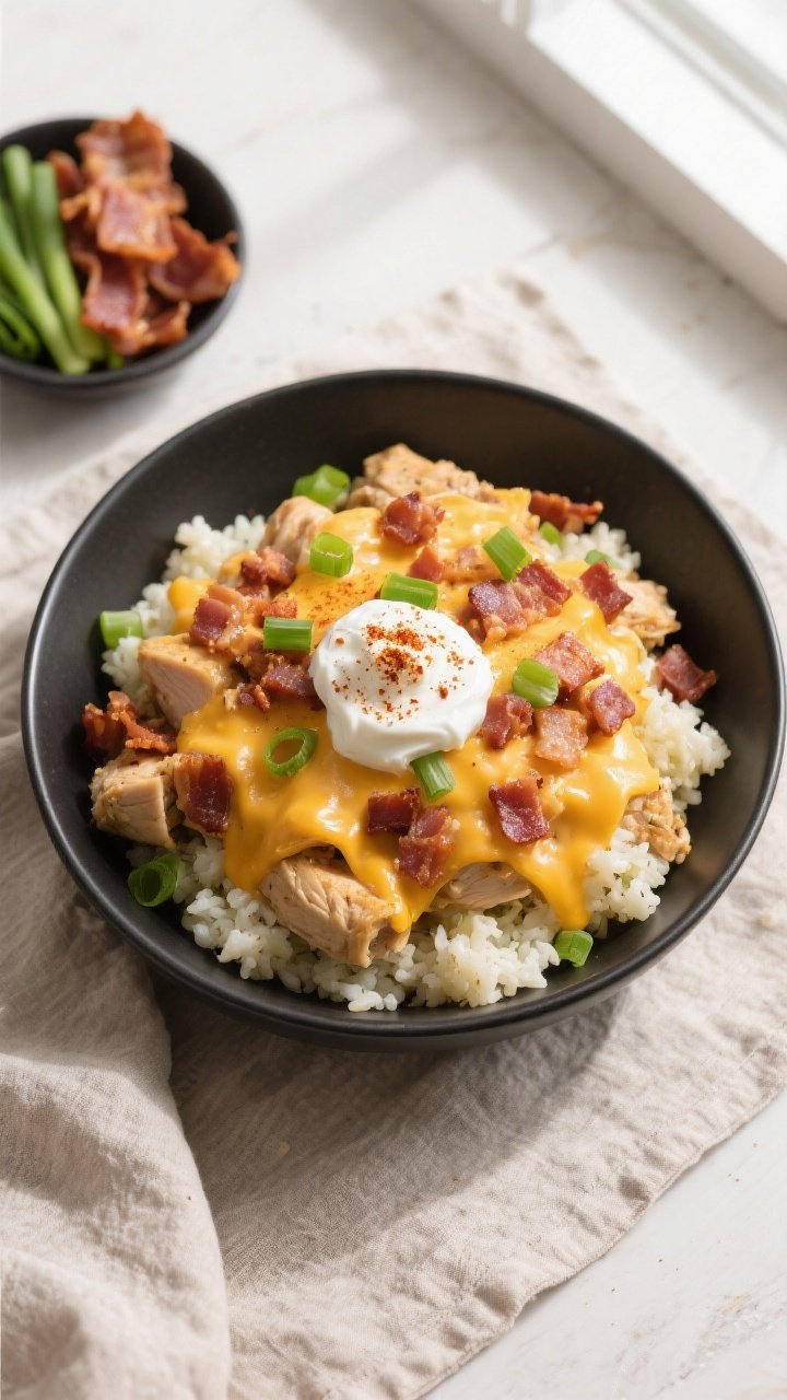 Tasty top view: Overhead shot of a Keto Crockpot Loaded Chicken Bowl served over riced cauliflower, 