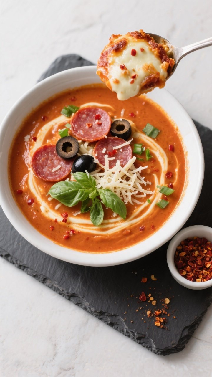 Tasty top view — Overhead shot of a ladled bowl of Keto Crockpot Loaded Pizza Soup: silky, orange-