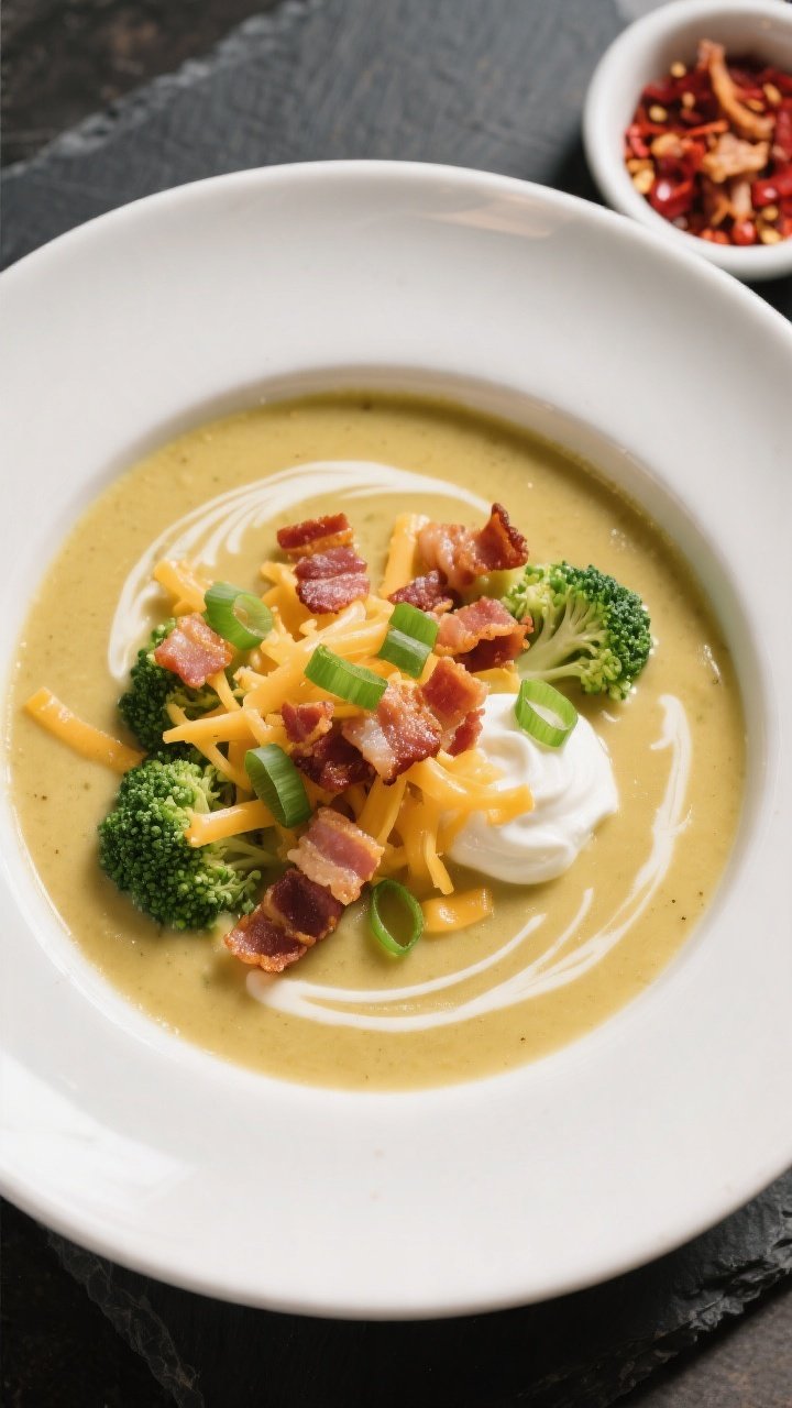 Tasty top view: Overhead shot of a loaded bowl of broccoli cheddar soup, thick and glossy, topped wi