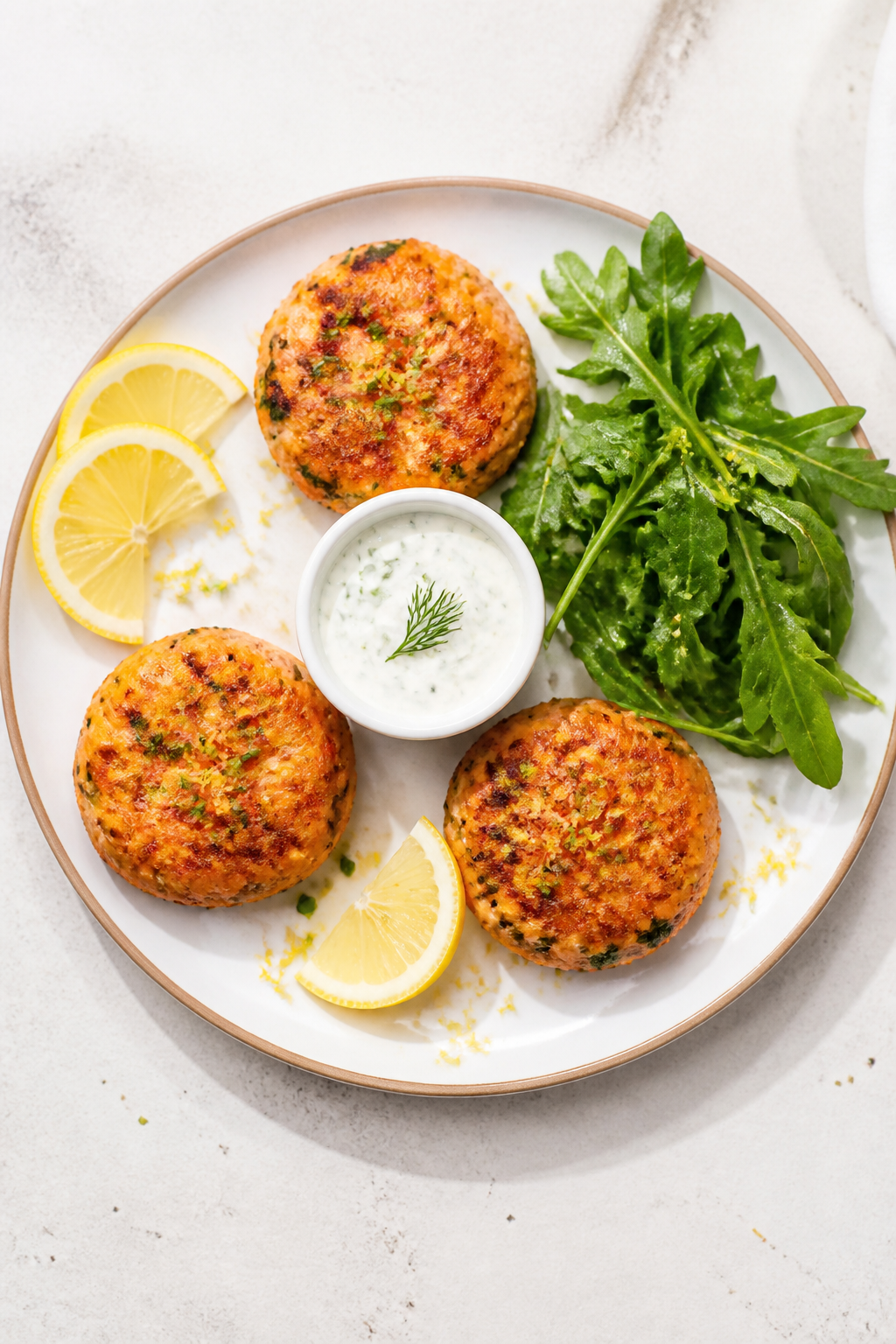 Tasty top view: Overhead shot of a low-carb plate—three small smoked salmon keto patties arranged 