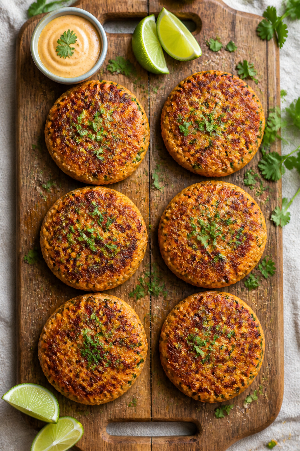 Tasty top-view: Overhead shot of a meal-prep board—six evenly shaped cooked keto salmon patties ar