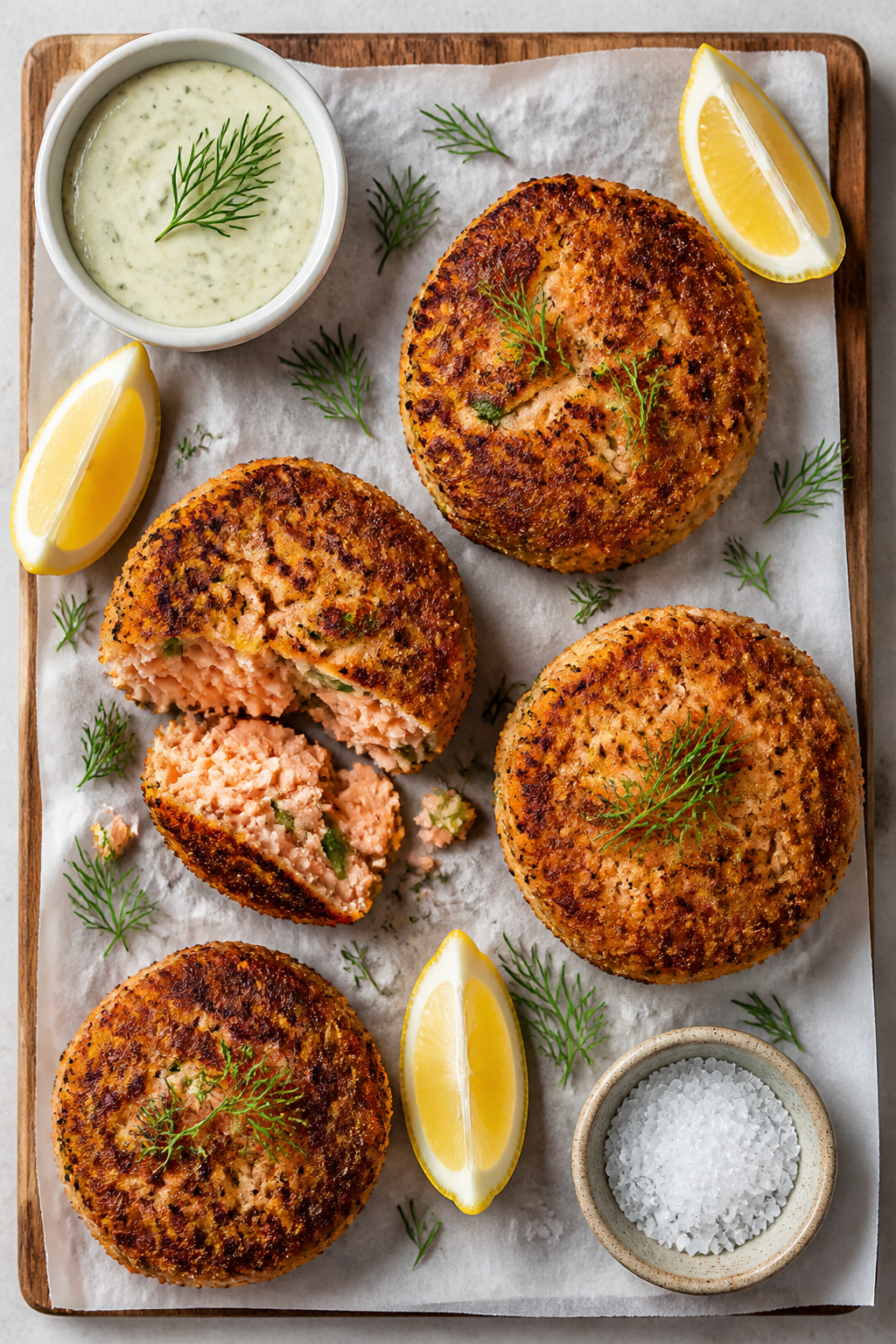 Tasty top view: Overhead shot of a meal-prep board showing four evenly browned salmon cakes arranged
