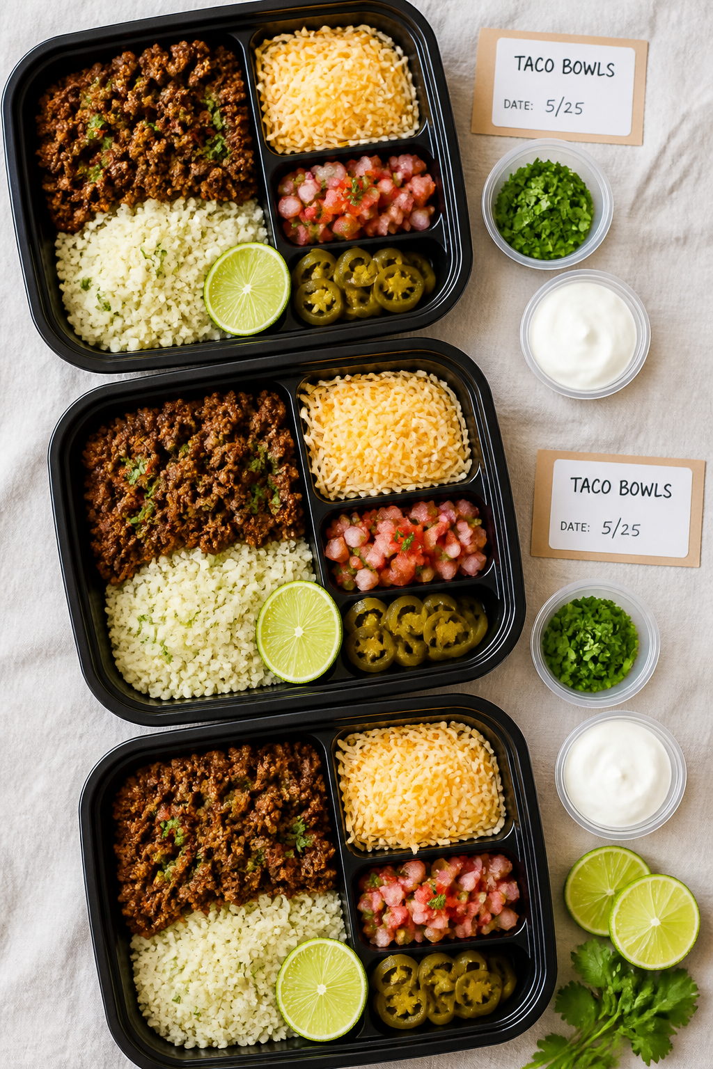 Tasty top view: Overhead shot of a meal-prep layout with portioned taco bowls on cauliflower rice; e