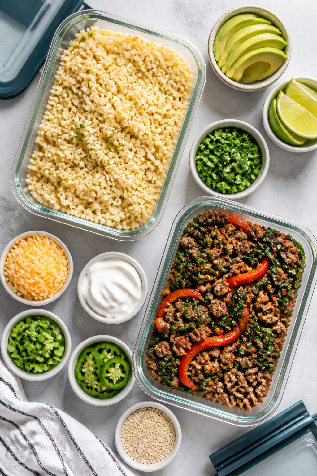 Tasty top view: Overhead shot of a meal-prep spread—separate containers of golden, just-tender cau