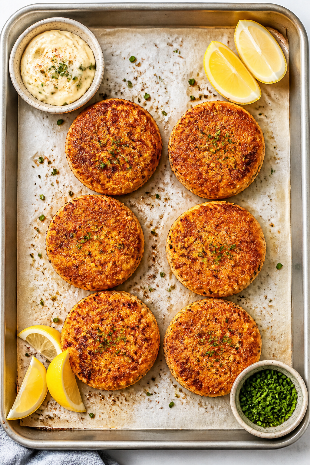 Tasty top view: Overhead shot of a meal-prep spread—six evenly browned salmon patties arranged on 