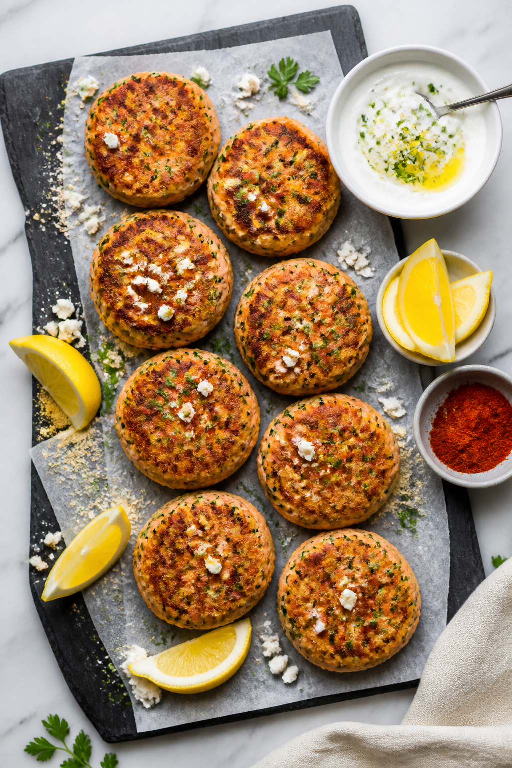 Tasty top view: Overhead shot of a meal-prep spread—eight browned salmon cakes arranged on parchme